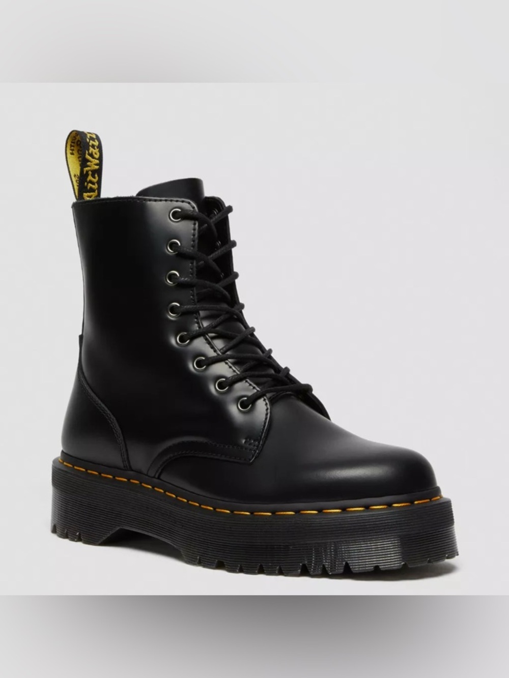 Dr. Martens Black Leather Platform Lace-Up Boot with Yellow Stitching